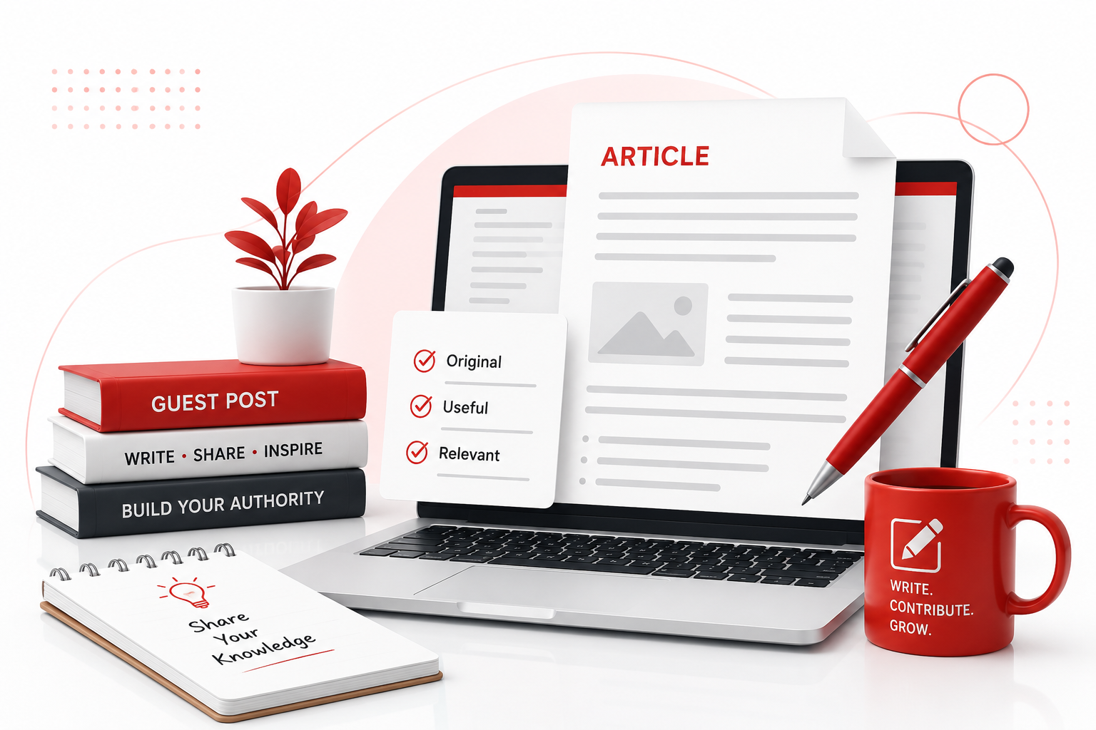 Editorial workspace with a laptop displaying a guest-post publishing page