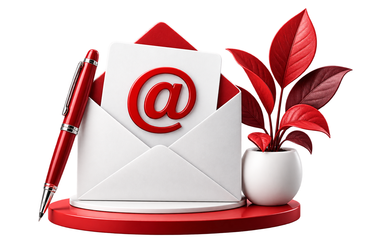 Envelope with at symbol, red pen and editorial plant