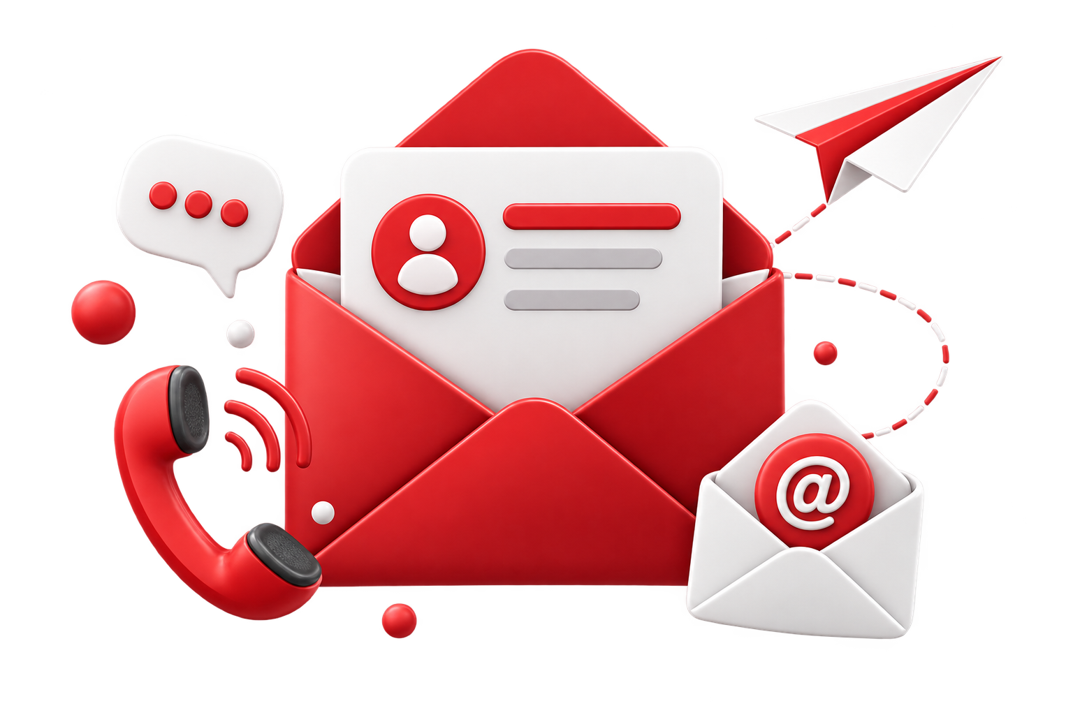 Envelope, contact card, phone, email and paper-plane communication illustration