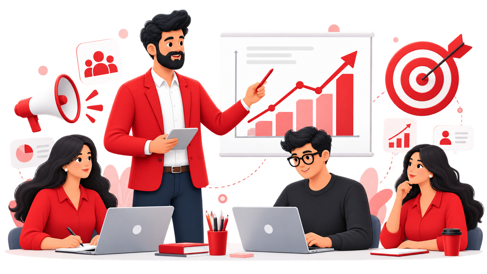 Marketing team collaborating around a growth strategy chart