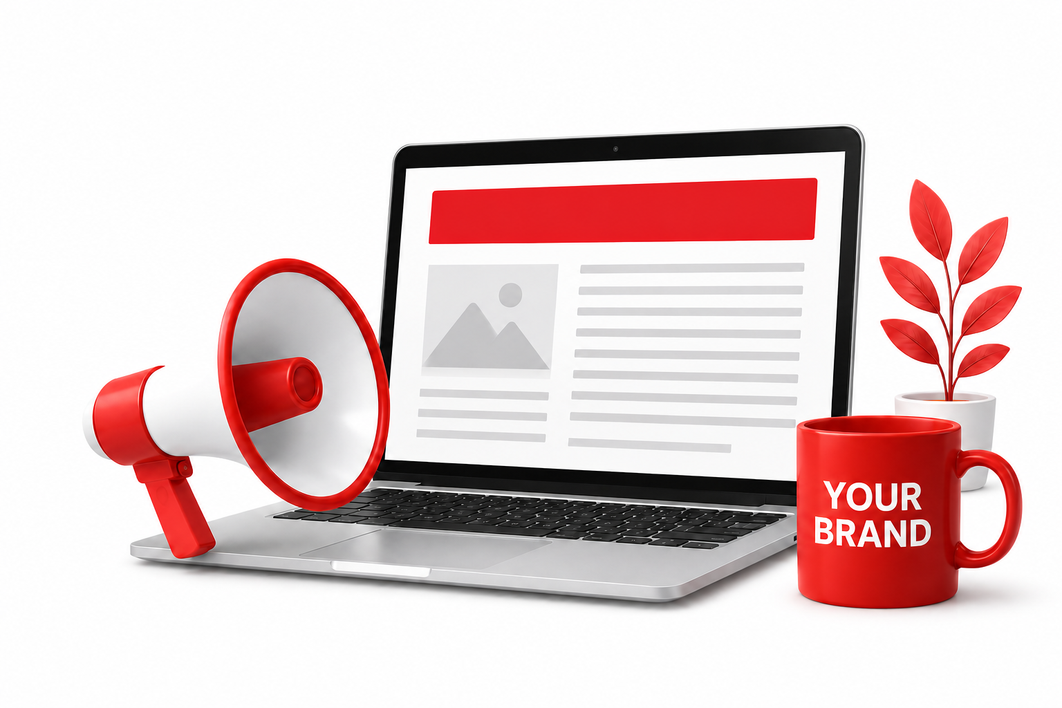 Laptop displaying sponsored content with megaphone and brand mug