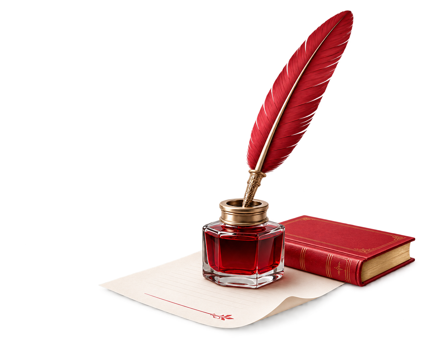 Red quill and inkpot beside writing paper